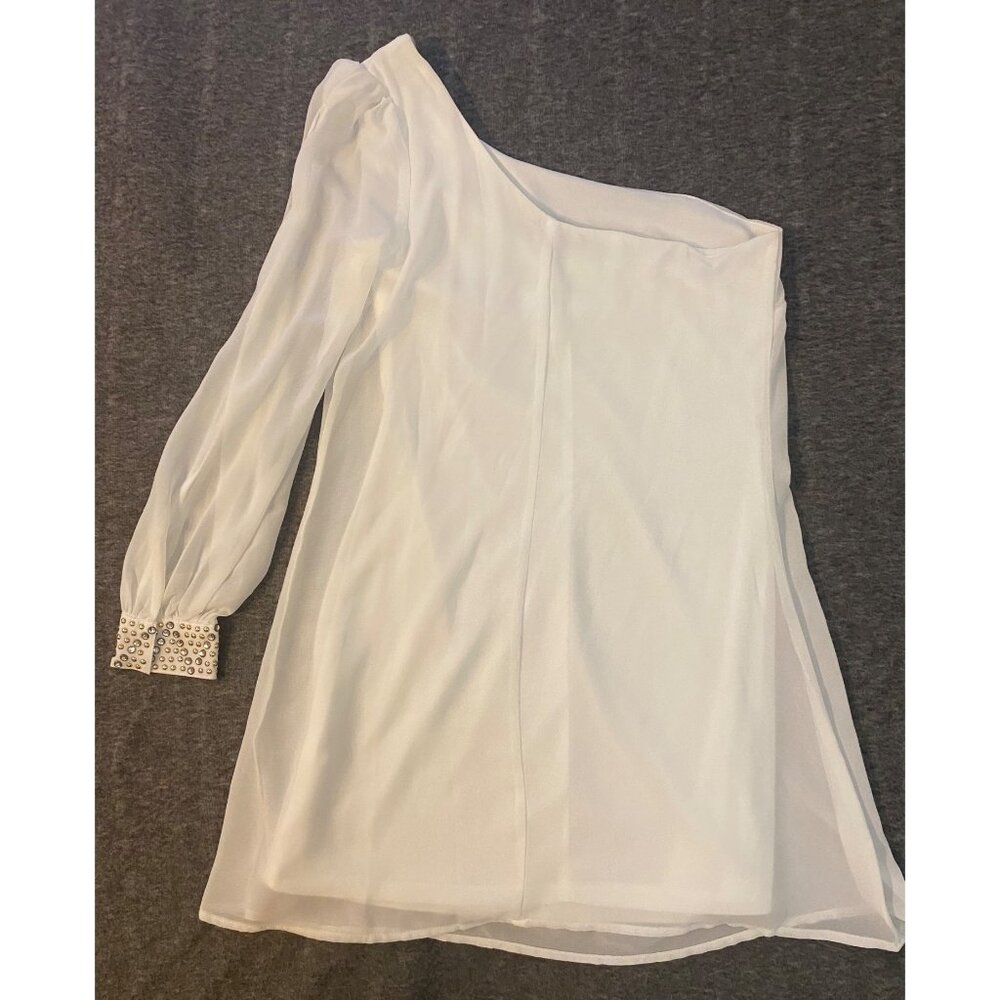 Sequin Hearts One-Shoulder Short Dress Small White Chiffon Studded Cuff Detail - Picture 8 of 8